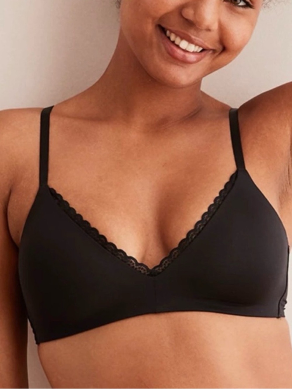 Aerie Real Happy Wireless Lightly Lined Bra 36B Lace-Trim Black
